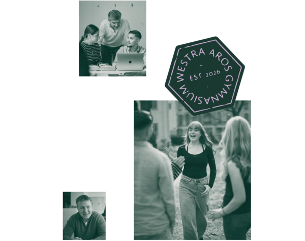 Collage med skolans logotyp samt bilder på elever i klassrum och på skolgården.