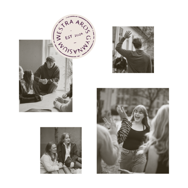 Collage bilder på glada elever i skolans lokaler och i parken.